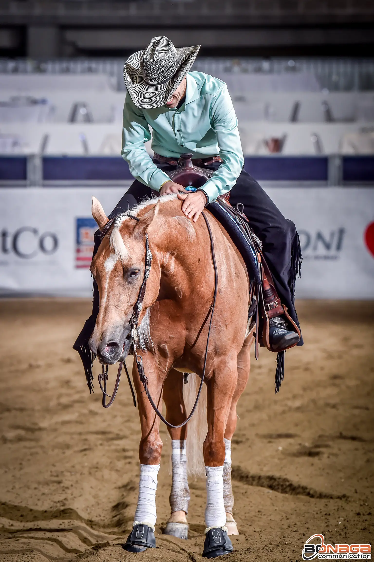 Kevin Paquet beugt sich vor und krault den Hals seines Pferdes in der Show-Arena