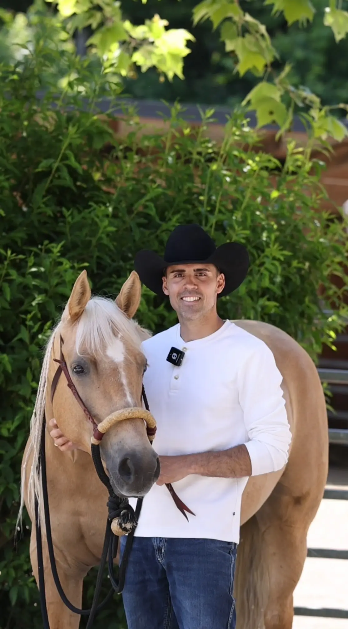 Kevin Paquet steht neben seinem Palomino unter Bäumen